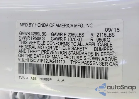 2018 Honda Accord Lx from USA, damaged, VIN 1HGCV1F12JA241110